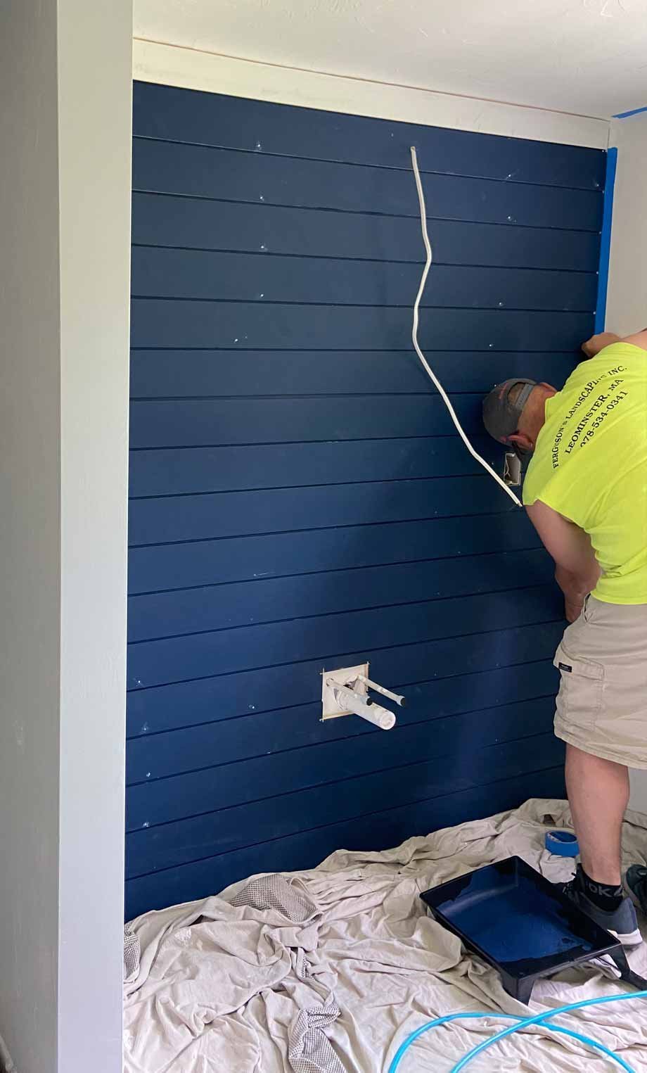 ship-lap install during bathroom remodeling project